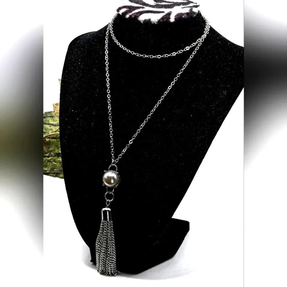 "5/$40" Long Silver Tone Faux White Pearl Adjustable Tassel Necklace